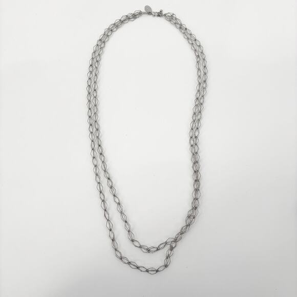 Natasha Silver-tone Woven Link Necklace – 36" Length, Two Strand, Textured Links - Picture 5 of 7